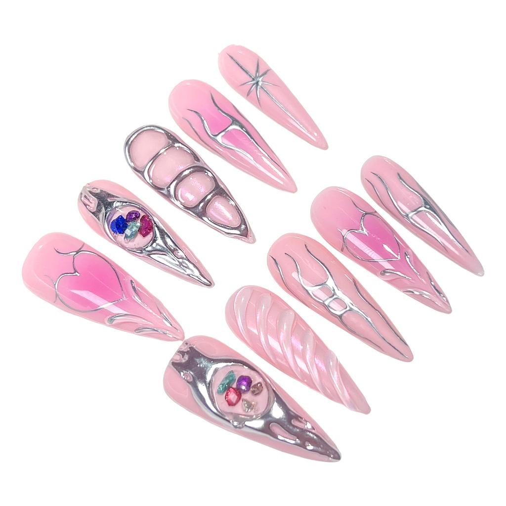 10PCS 503 Long Pointed Rhinestone Baroque Metallic Blush Hand-Painted Line Art DIY False Nails