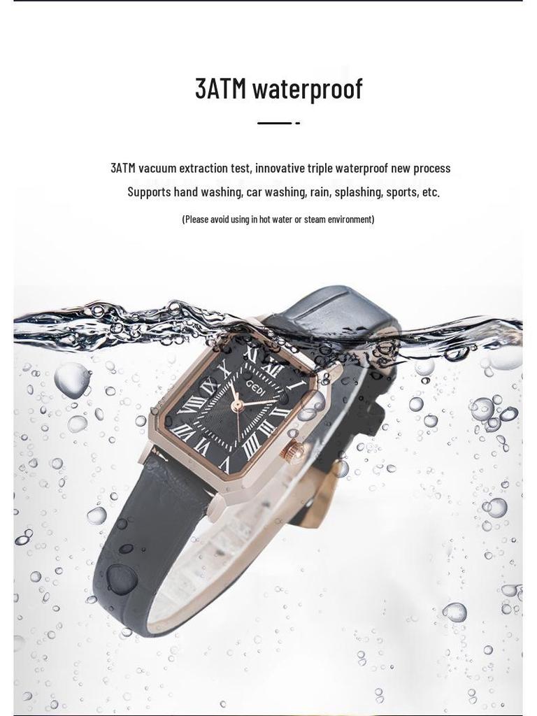 Gedi Retro Small Square Dial Ladies Waterproof Leather Strap Quartz Watch