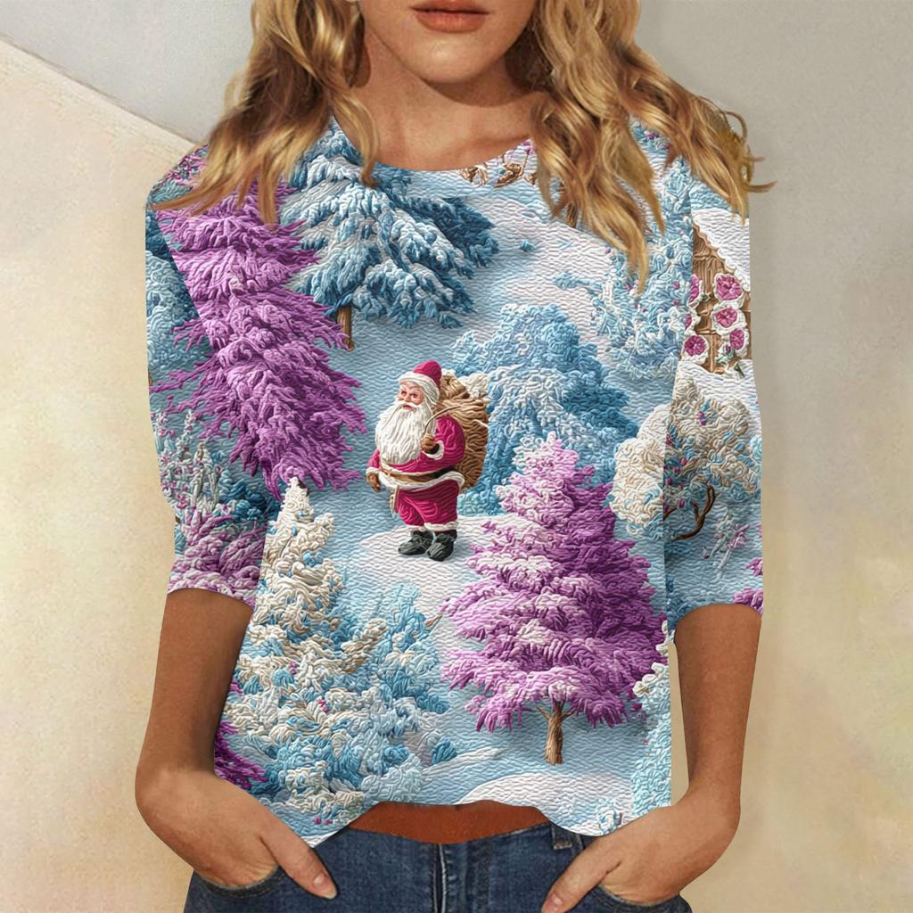 3/4 Sleeve Shirts For Women Print Christmas Tees Blouses Casual Plus Size Basic Tops Pullover