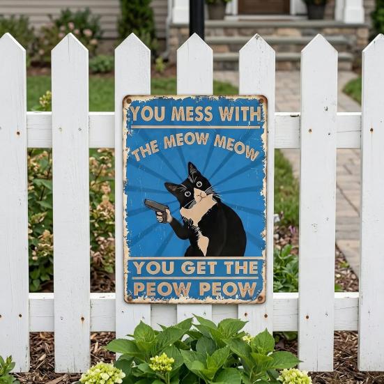 Funny Cat Tin Sign Vintage Black And White Cat Wall Art You Mess with The Meow Meow Metal Posters Gifts for Cat Lovers