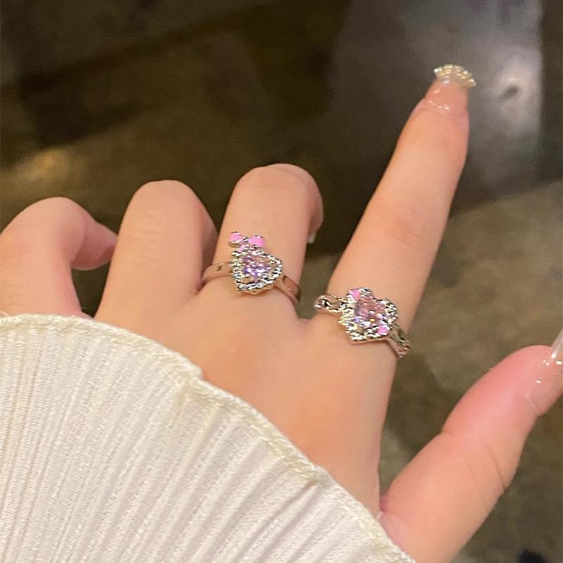 Light Luxury Heart-Shaped Zircon Ring Opening Design Female Sweet Cool Versatile Personalized Ring Niche High-End Fashionable