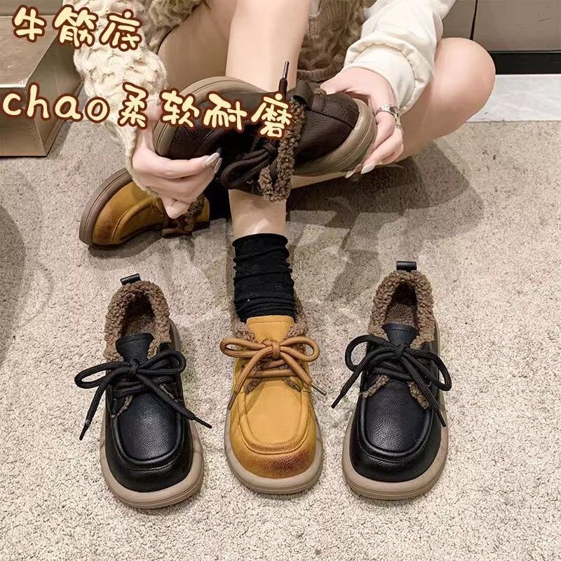 Soft-soled velvet women's new autumn and winter small leather shoes fluffy shoes warm lace-up cotton shoes