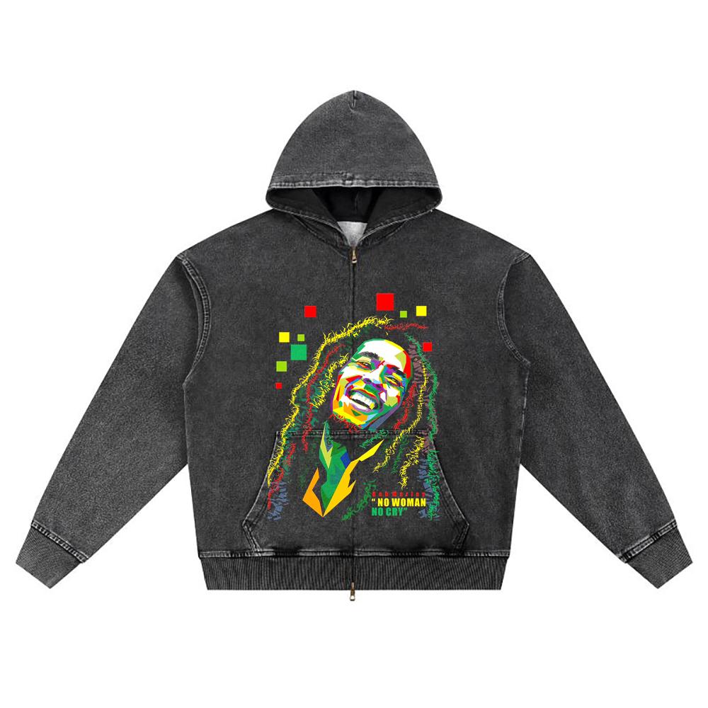 

DTG print Knitted Denim Zip-Up Hoodie Bob Marley Brother Print Zipper Hoodies S