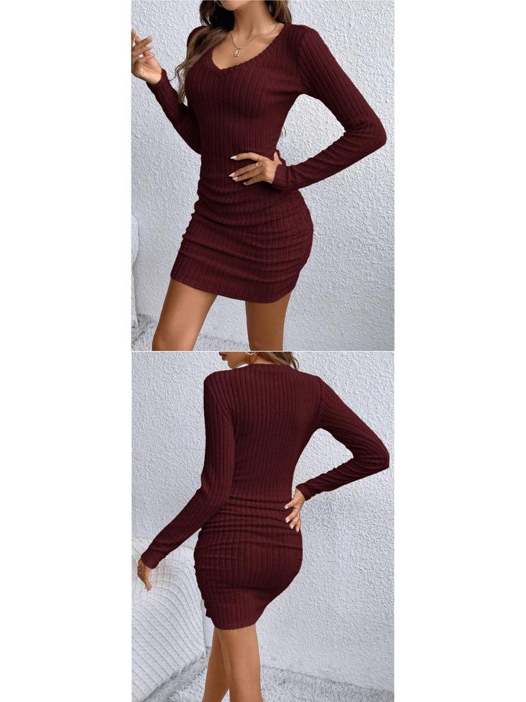 2026 European & American Slim-Fit Ribbed V-Neck Long-Sleeved Hip-Hugging Dress for Spring & Autumn