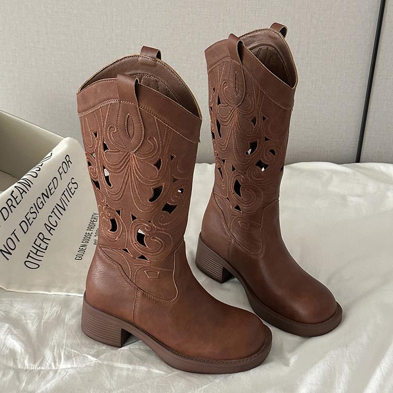 Fashion Vintage Hollow Out Women Western Cowboy Boots Autumn Ladies Causal Thick Heel Long Botas Zapatos De Mujer