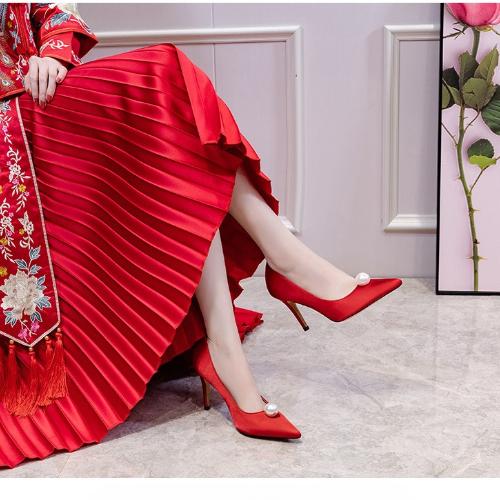 Fashion 2025 New Wedding Shoes Women Pearl Buckle Red High Heels Stiletto Bridesmaid White Bridal Shoes Black Work Shoes