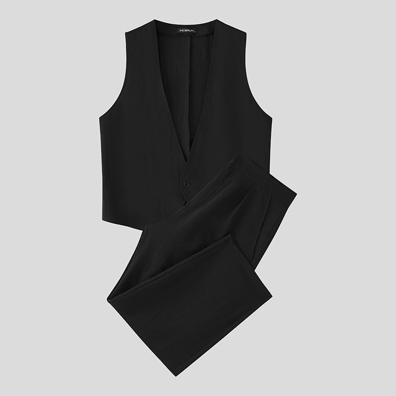 

INCERUN Two Pieces Casual Sets Men Sleeveless Waistcoat and Long Pants Trousers S чорний