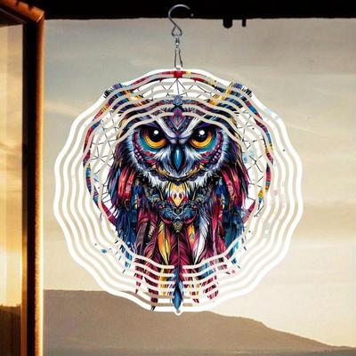 Colorful 2D Metal Owl Wind Spinner Vibrant Garden Patio Decor Outdoor Hanging Ornament for Thanksgiving Christmas Easy To Install No Power Needed