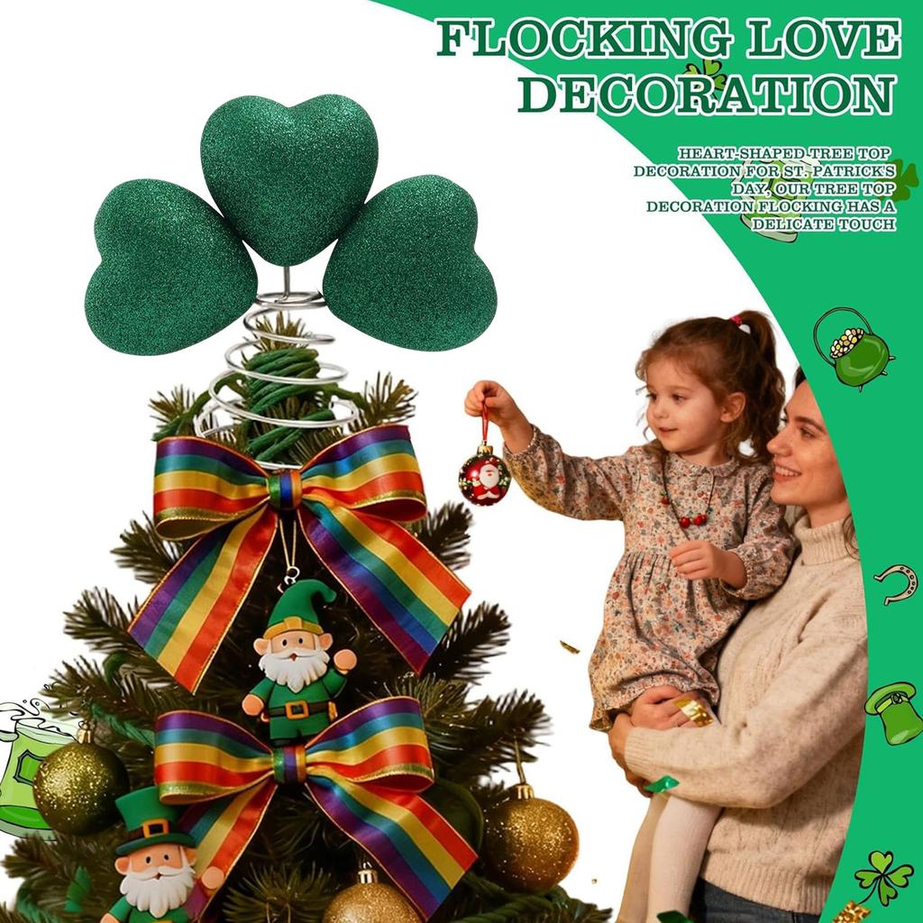 St Patricks Day Tree Topper Green Heart-Clover Tree Ornaments with Metal Base Holidays Ornament for Holiday Party Decor