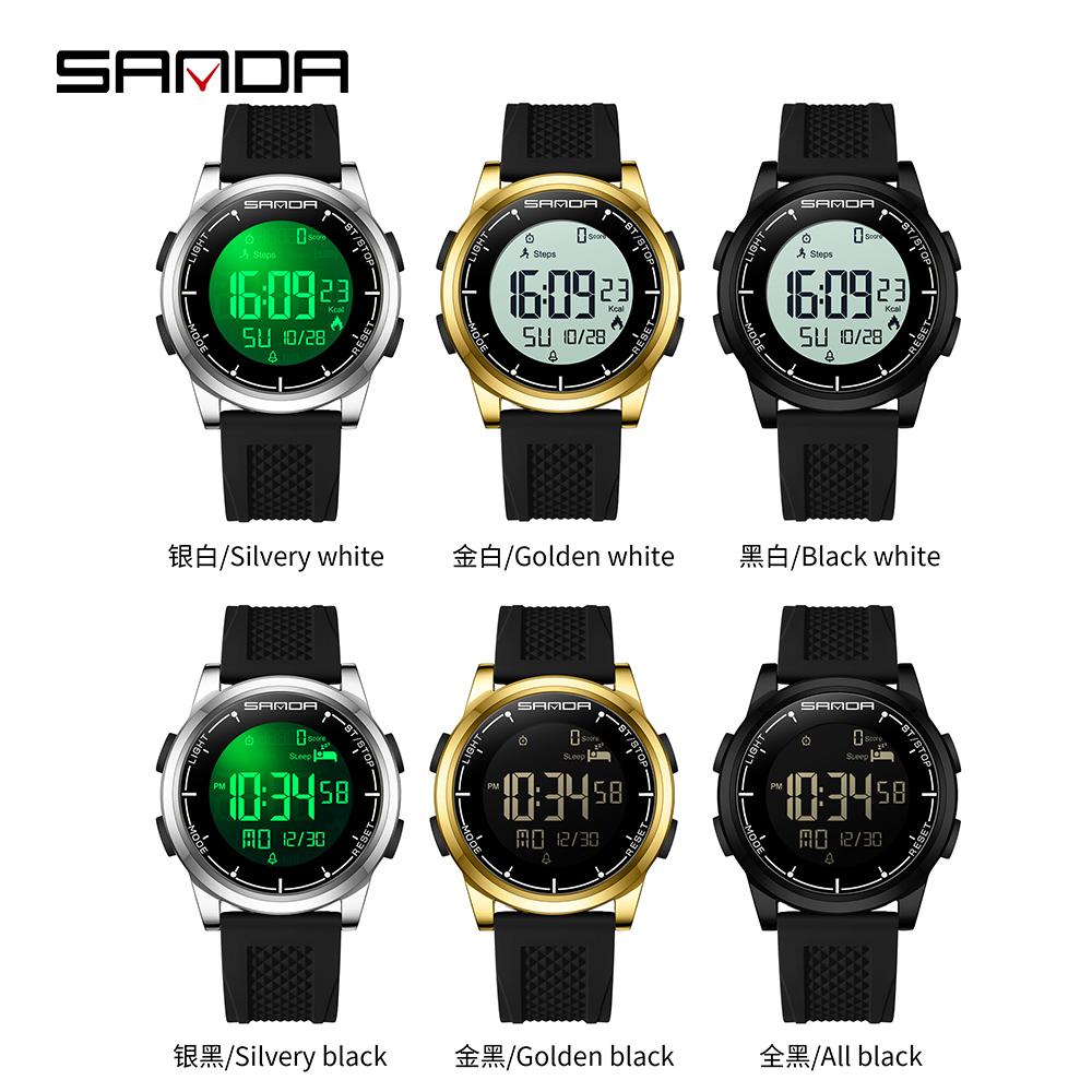 SANDA 9064 Silicone Strap Men's Electronic Digital Watch Sport Outdoor Multifunctional 50M Waterproof Male Wristwatch