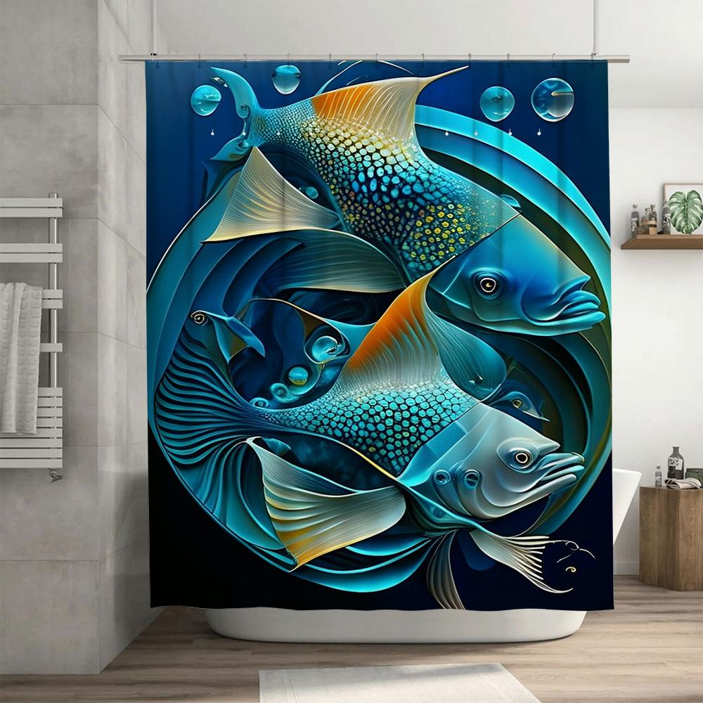 Blue Fish Print Shower Curtain Modern Watercolor Artistic Bathroom Decor for Home Decoration
