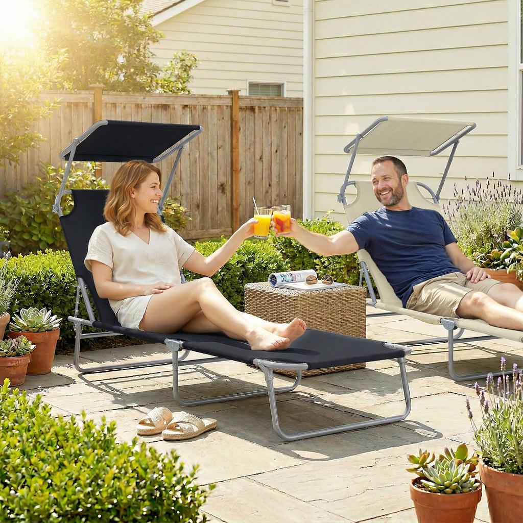 Folding Sun Lounger, Chaise Lounge, Multi-Position Backrest, Sunshade, 187 x 58 x 36 cm, Black