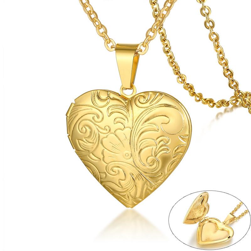 Vnox Monogram Floral Oval Heart Locket Pendant Necklaces for Women Men, Stainless Steel Photo Frame Promise Love Keepsake Collar