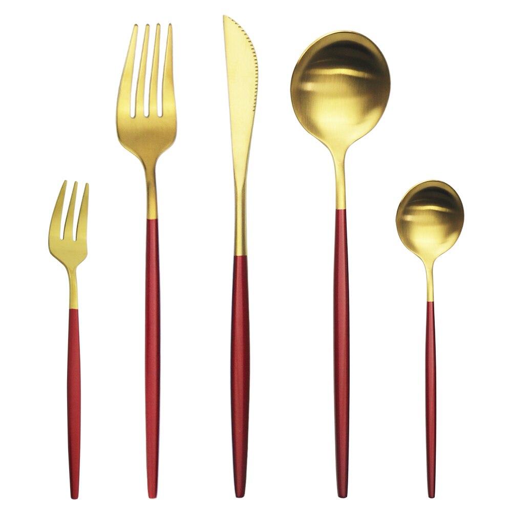 5Pcs Gold Dinnerware Cutlery Set Knife Cake Fork Tea Spoon Dinner Tableware Stainless Steel Flatware Home Kitchen Silverware Set