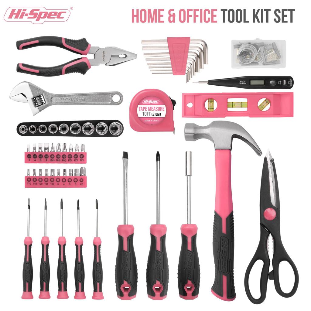 56pc Pink Home Garage Tool Kit Essential Hand Tools for DIY Repairs Complete In a Box Hi-Spec & Set.