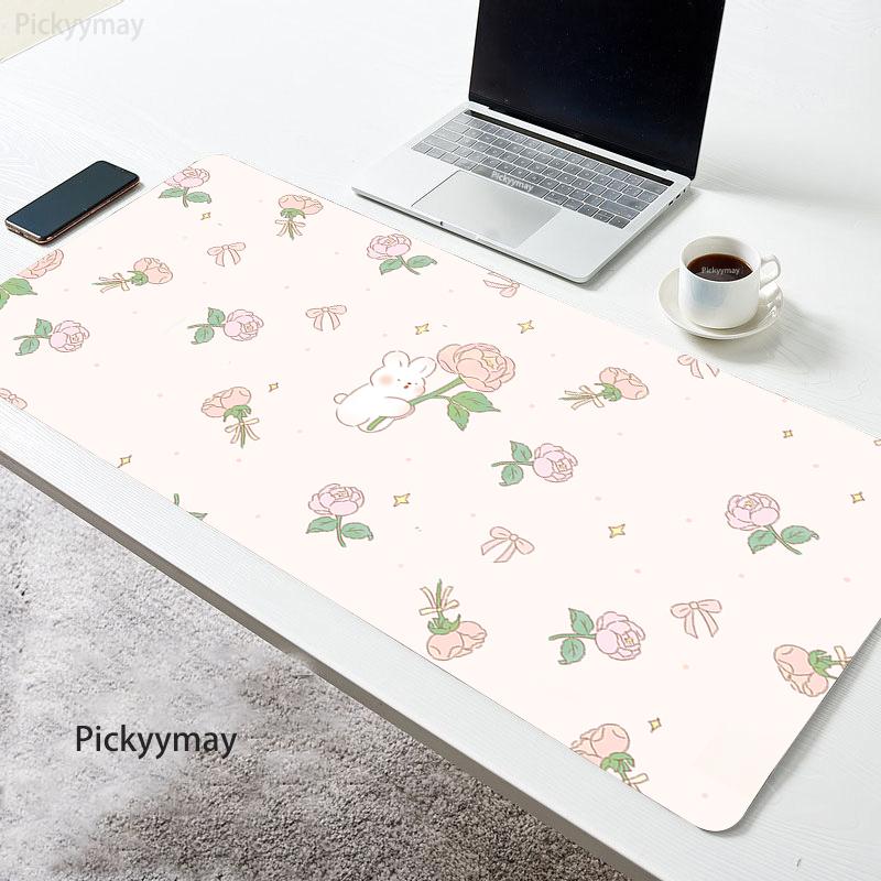 Pink Flower Mouse Pad Kawaii Rabbit Mousepad Computer Masuepad Keyboard Large Desk Mat Office PC Table Deskmat x Deskpad
