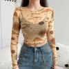 Sexy Mesh Long Sleeve T-shirt Women Perspective Crop Top Stars Moon Print Streetwear