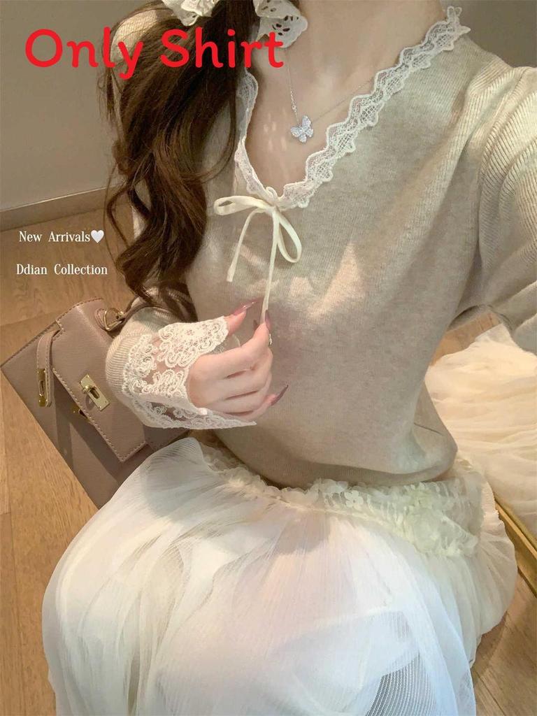 Pink Vneck Lace Patch Wool Knit Sweater For Women Fall Winter Casual Comfort