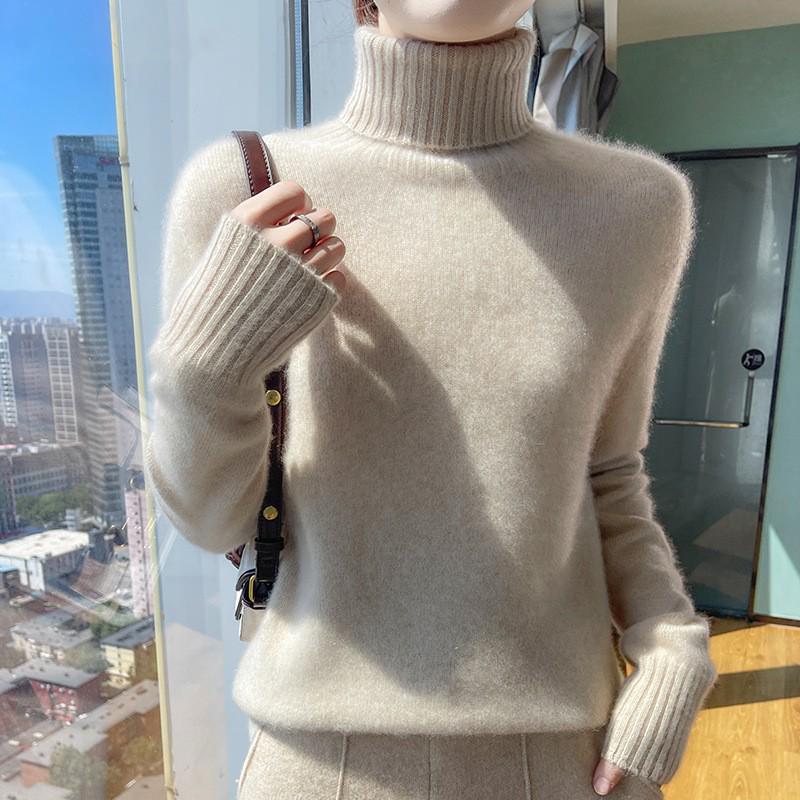Women's Heavyweight Pure Wool High Neck Sweater - Long Sleeve Cashmere Knit, Perfect for Autumn and Winter