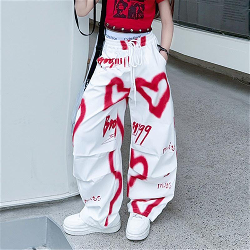 Dětské Hip Hop Módní Kalhoty na Stahování s Potiskem pro Dospívající Dívky Cool Y2K Streetwear Kalhoty se Srdcem Graffiti 5-14 let