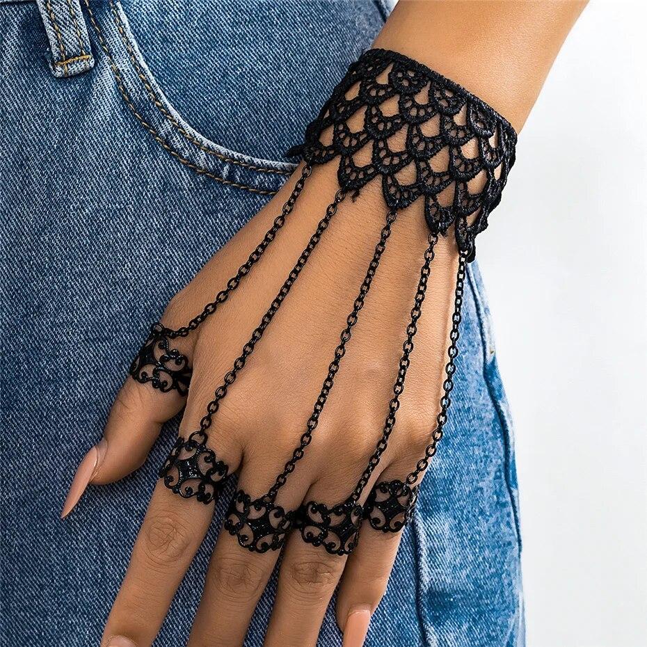 Creative Vintage Black Lace Finger Wrist Chain Rings Bracelets For Women Metal Connecting Hand Harness Bangles Punk Jewelry