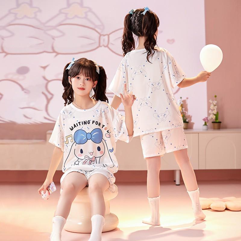 Girls Pajama Set Short Sleeve Ice Silk Sleepwear Kids 8 Years Comfortable Cartoon Print Home Wear