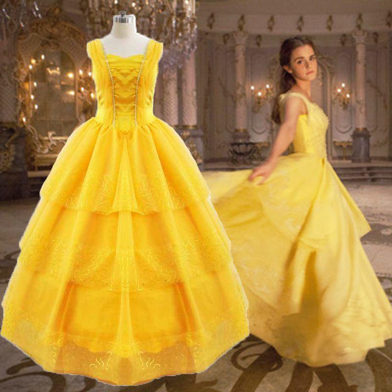 Disney Princess Belle Cosplay Costume Fancy Dress Halloween Adult Yellow Layered Full-length Ball Gowns
