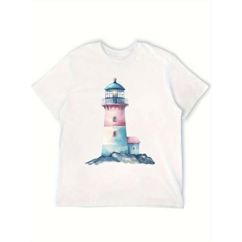 Women's T-Shirt Casual Round Neck Short Sleeve Tee for Spring/Summer,  Everyday Tshirt| Playful Print Tee| Fabric, Lighthouse Decor