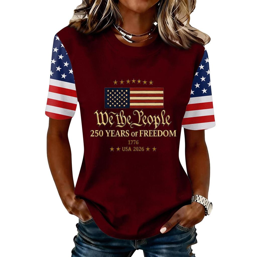 Blusa Feminina da Moda Casual de Manga Curta com Estampa e Gola Redonda