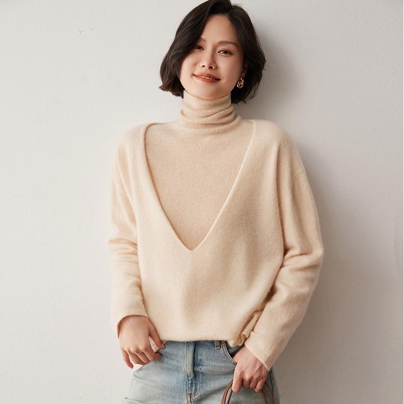 Women's Oversized V-Neck Cashmere Sweater - Retro Autumn/Winter Knitwear