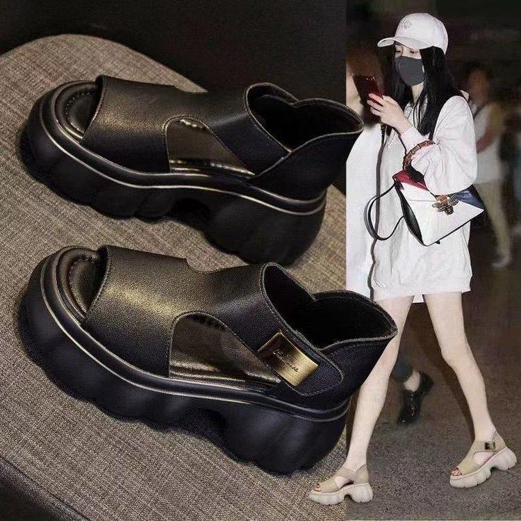 Women s Soft Leather Cutout Wedge Platform Open Toe Roman Sandals 35 чёрный