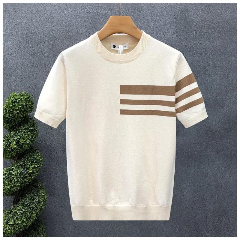 Korean Style Summer Fashion Men's Striped Color O Neck Short Sleeve Breathable Casual Trendy T Shirts