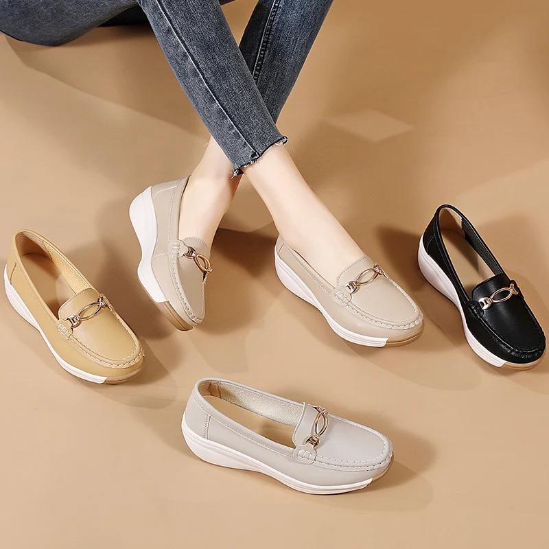 Women's Leather Wedge Loafers Non-slip Soft Sole Casual Shoes Lightweight Platform Footwear for Daily Wear