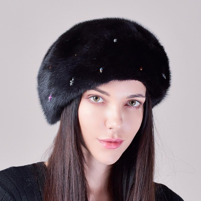 

Зимняя женская новая теплая цельная норковая шапка из меха норки мягкая защита ушей берет бусины для ногтей стразы элегантный