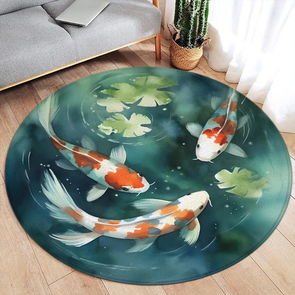 Round Rug – Koi Lotus Cherry Blossom Ink Art Carpet for Living Room Bedroom Home Decor