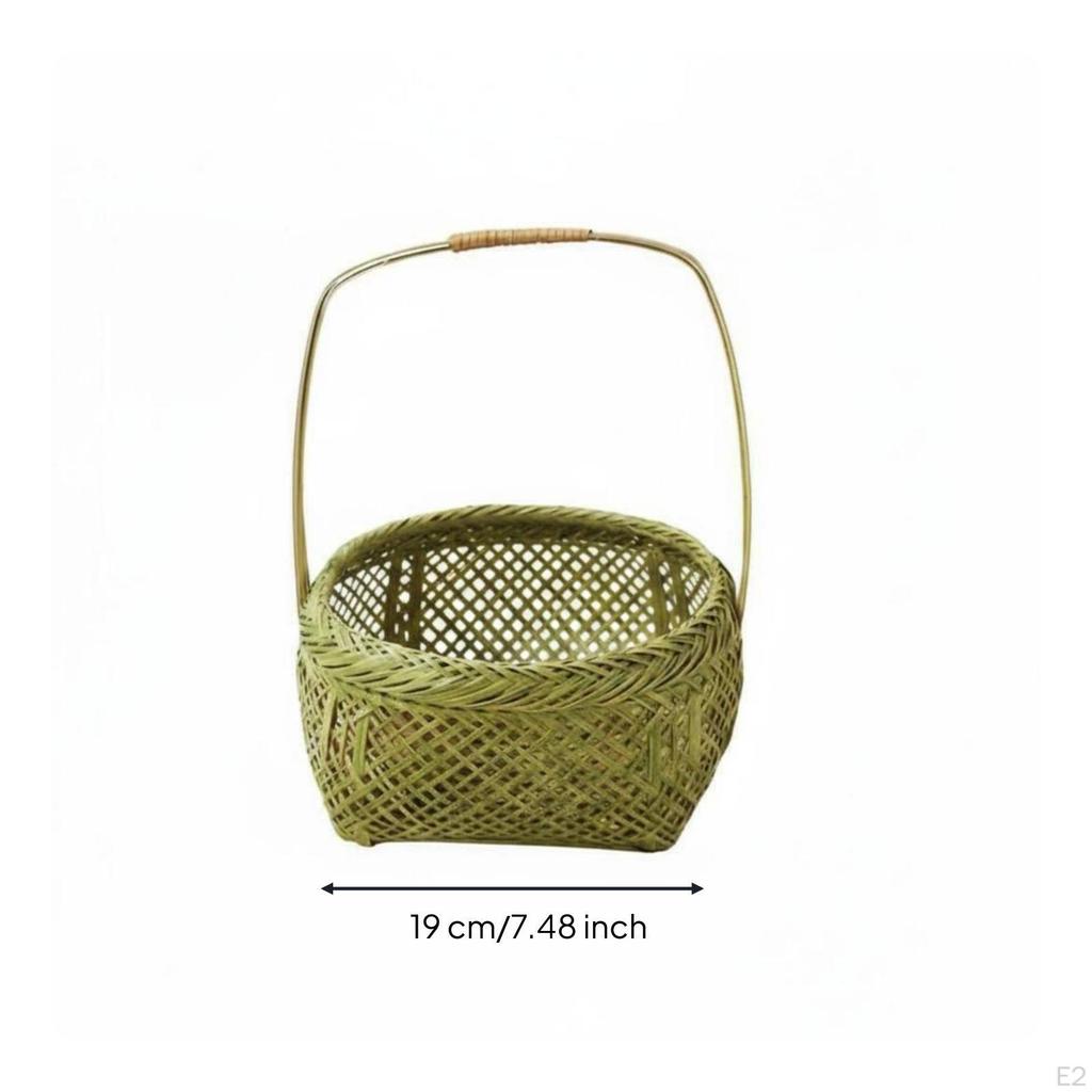 Woven Bamboo Basket Handmade Shallow Carrying Arched Handle Round Wicker Tray for Gift