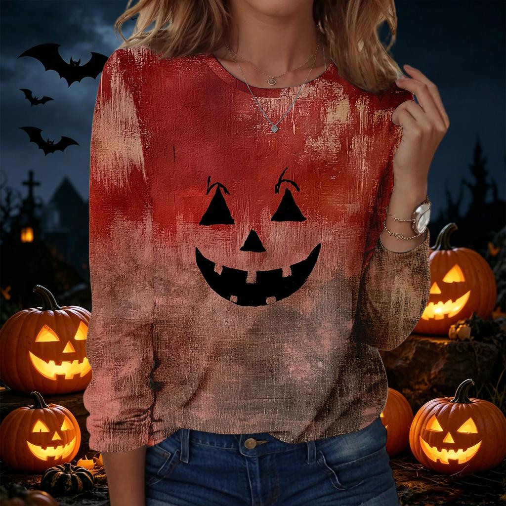 Women's Long Sleeve Casual Halloween Print Pullover Sweatshirt Round Neck Comfortable Fit Seasonal Top for Autumn Winter