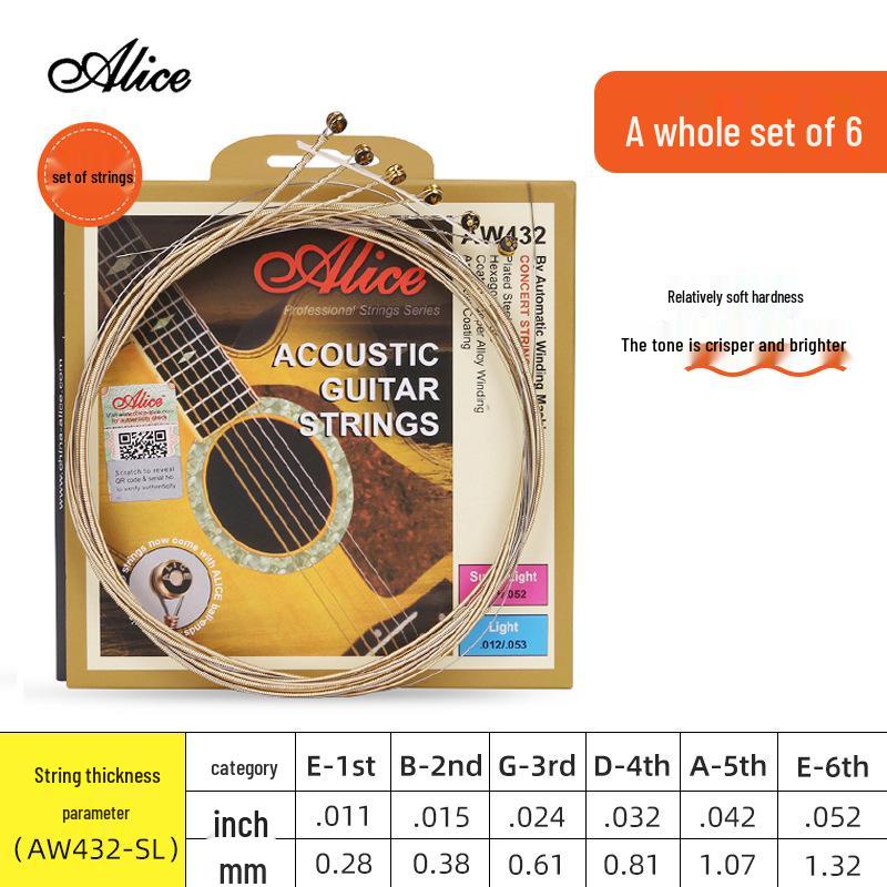 Corde per Chitarra Acustica Alice Folk - Set Completo da 6 (Corde 1ª, 2ª, 3ª come Singole)