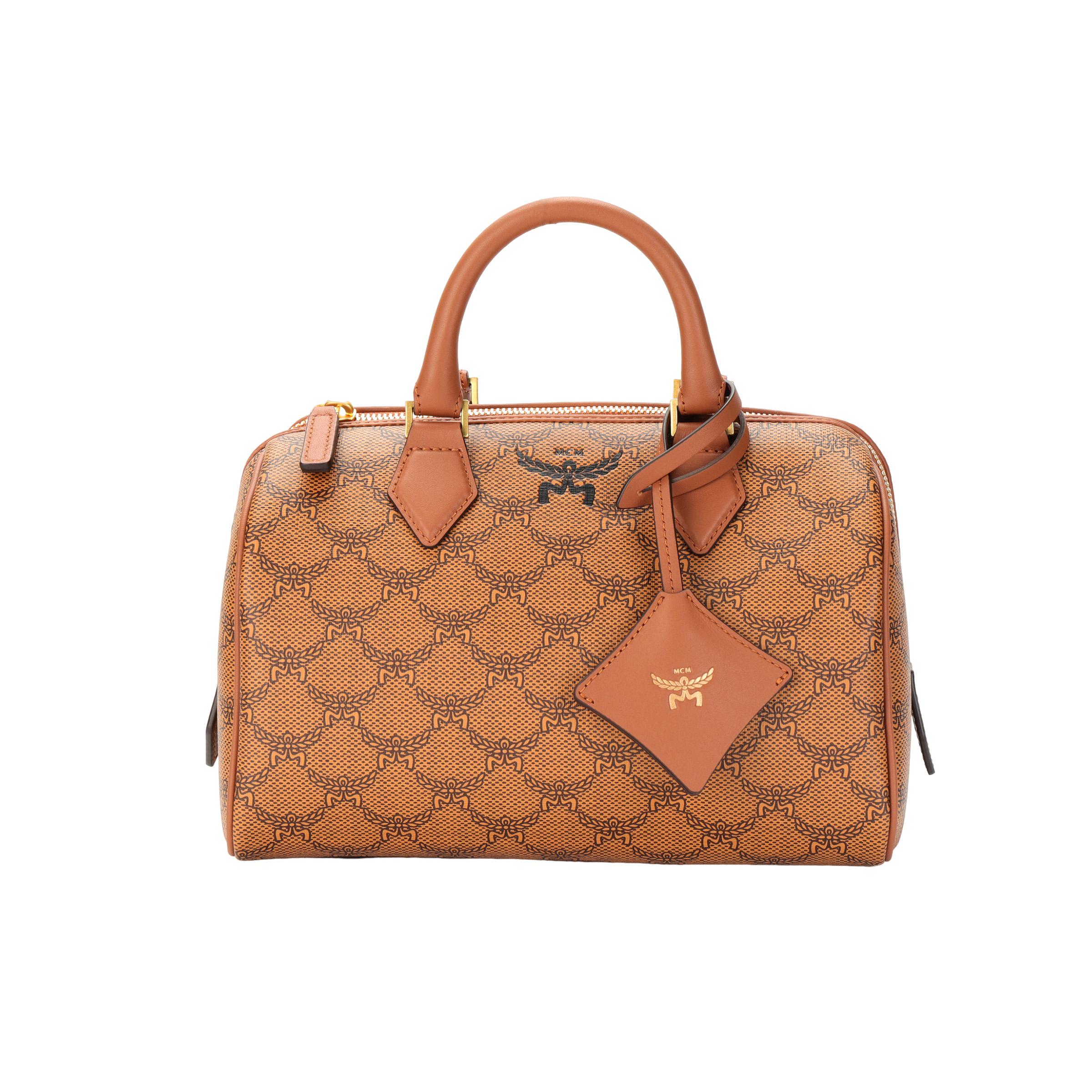 MCM Bolso Boston con Monograma Clásico en Lona Recubierta y Cuero Bolso Cruzado al Hombro Bolso Tote Bolsos Pequeños para Mujer Coñac MWBESEA08CO001 Basic Set (Bag+Dust Bag) brown
