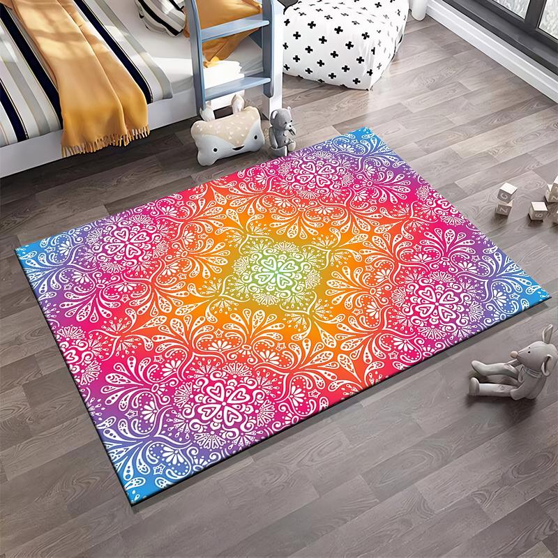 Rainbow Gradient Mandala Pattern Rug with Intricate White Designs Suitable for use as an anti-slip for living room bedroom sofas