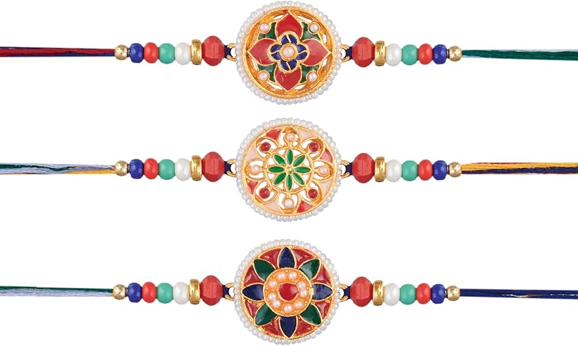 Rakhi for Brother Set of 3 Designer Floral Rakhis for Brother with Beads and Thread, Traditional Handmade Raksha Bandhan Rakhi Combo Pack, Decorative