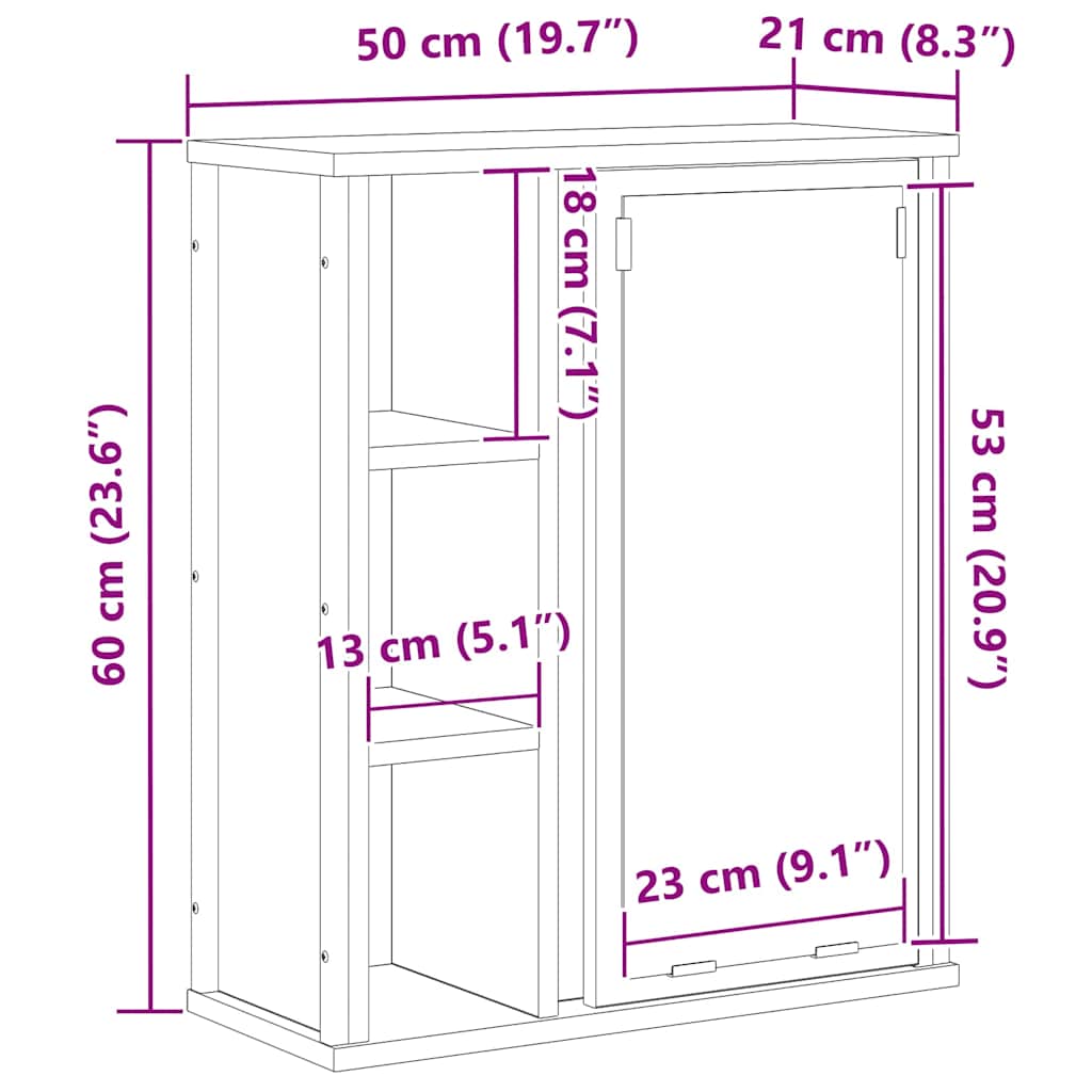 Bathroom Wall Cabinet with Mirror Brown Oak Effect 50 X 21 X 60 Cm