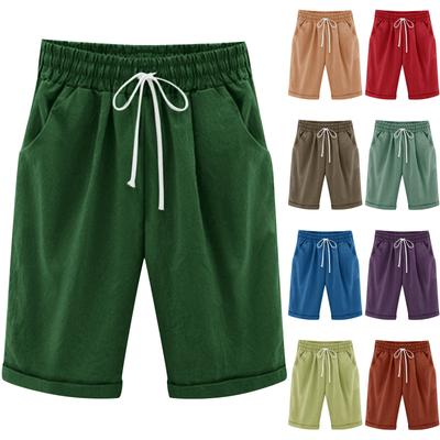 Women's Casual Loose Beach Pants Solid Color Loose Casual Fifth Pants Pockets Linen Shorts