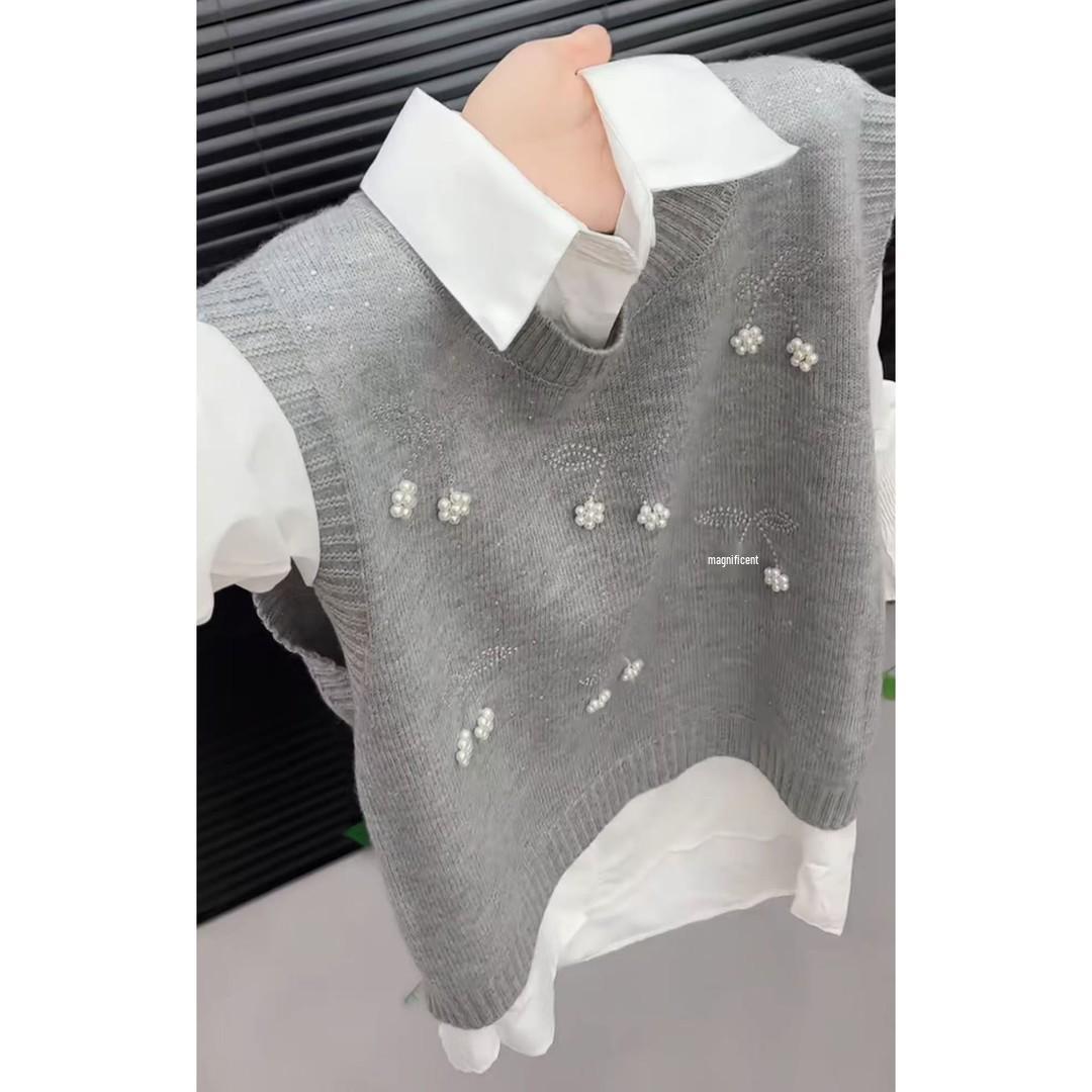 Elegant Women s Two-Piece Winter Suit: Bead-Embellished Round Neck Vest & Long-Sleeved White Shirt 3XL (140-160 jin)