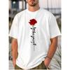 European Sizes White T - Shirt for Men: Elegant Red Rose and Self - Love Message