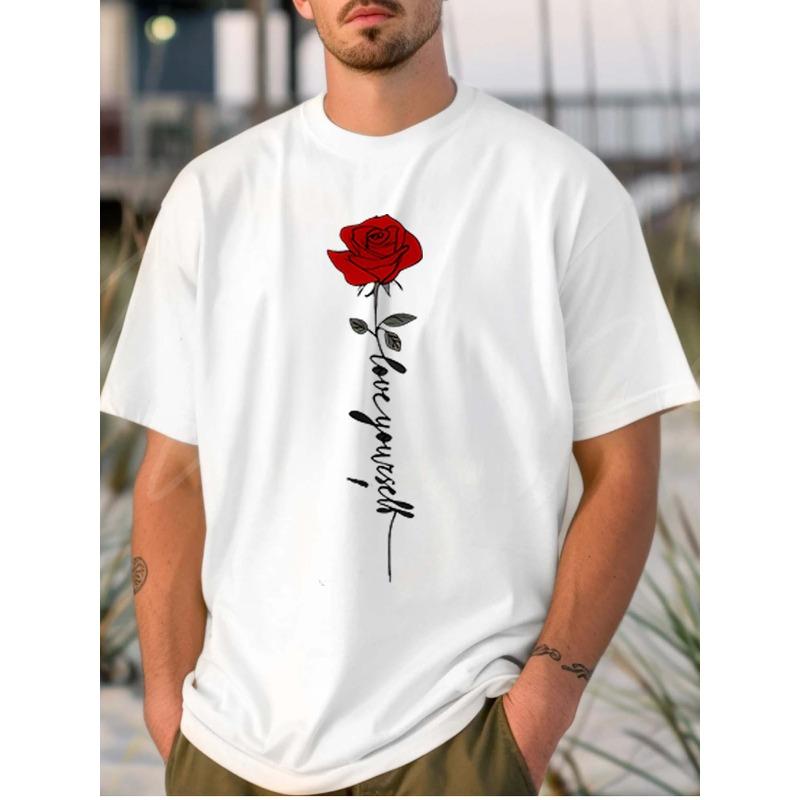

European sizes White T - shirt for Men: Elegant Red Rose and Self - love Message 4XL білий