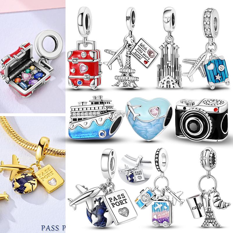925 Sterling Silber Charm Perle Anhänger Flugzeug Kamera Koffer Reise Charm Passend für Original Halskette Armband Für Frauen DIY Schmuck