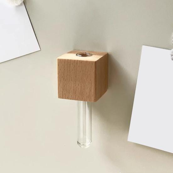 Wooden Refrigerator Magnet with Test Tube Mini Vase Flowers Plants Holder Fridge Magnet Home Office Kitchen Locker