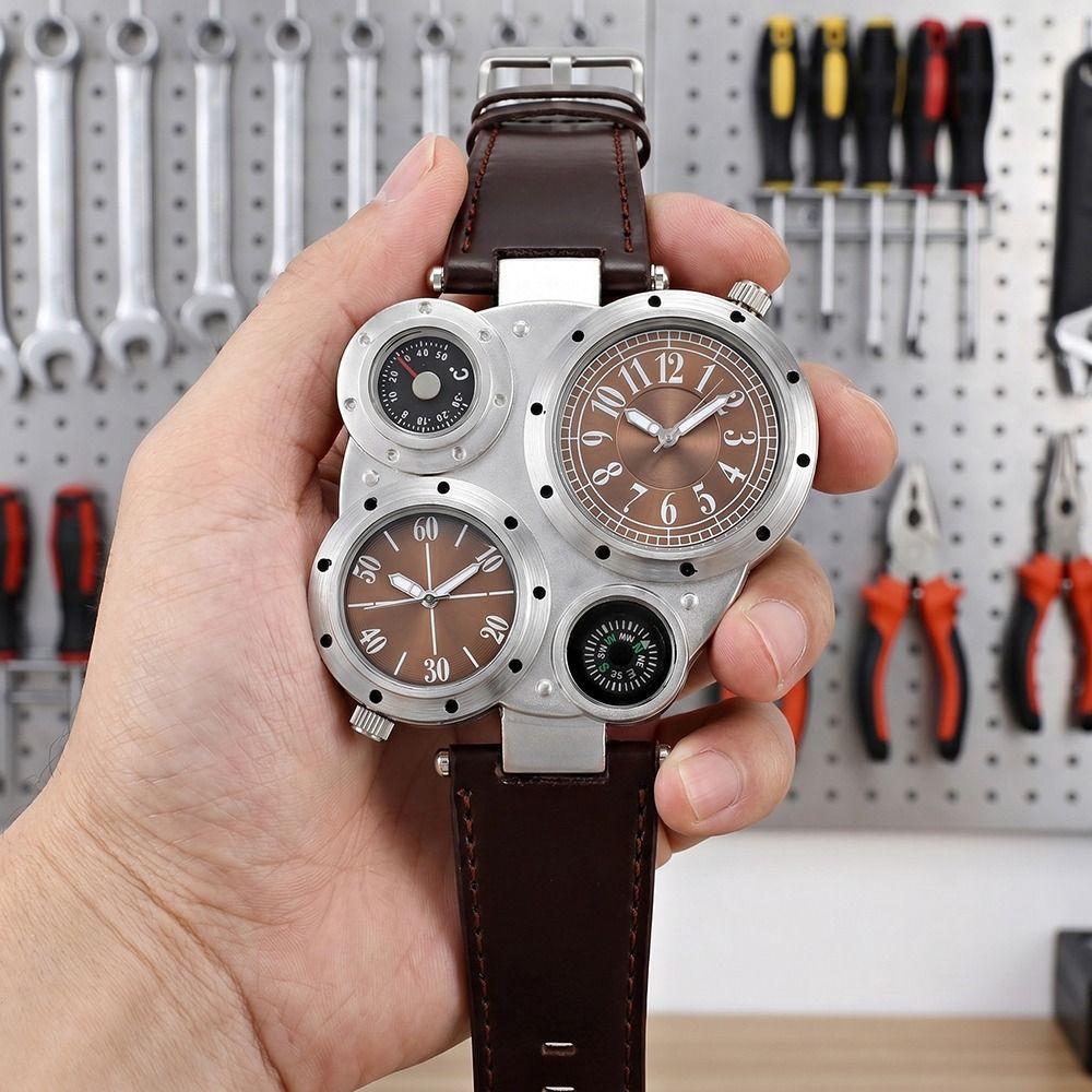 PU Leather Strap Dual Time Zone Watch Leather Strap Quartz Watch Big Face Watches  Male