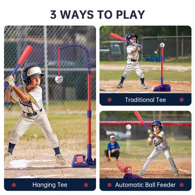 Conjunto de Beisebol 3 em 1 para Crianças de 3-5/5-8 Anos, Suporte de Rebatida, Suporte de Bola, Máquina de Arremesso com 4 Bolas de Plástico Macias e Taco